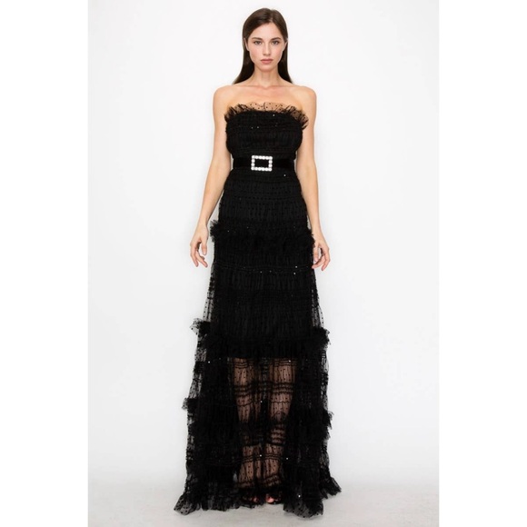 NWT Boutique Zina Black Strapless Tulle Tiered Maxi Gown - Picture 3 of 8